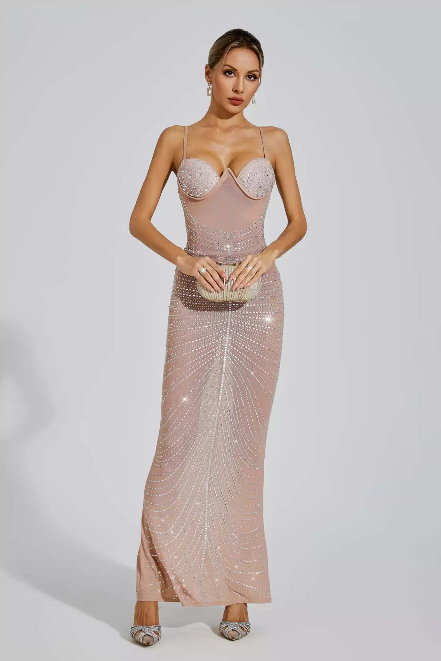 Apricot Strapless Suspender Ruched Embellished Sequins Summer Party Maxi Dress | Mix Mix Style-Mix MIx Style