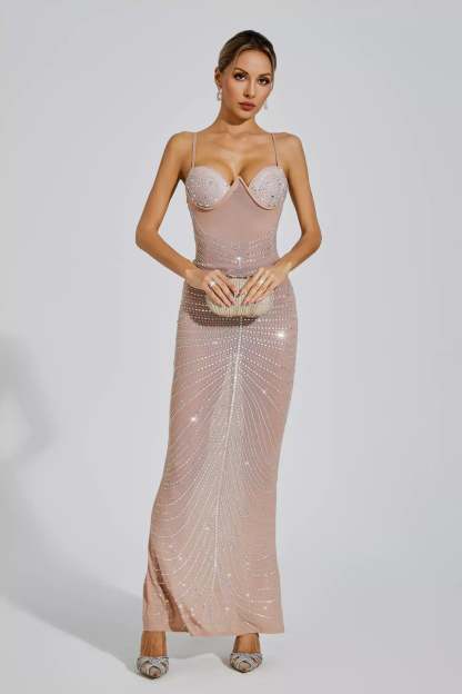 Apricot Strapless Suspender Ruched Embellished Sequins Summer Party Maxi Dress | Mix Mix Style