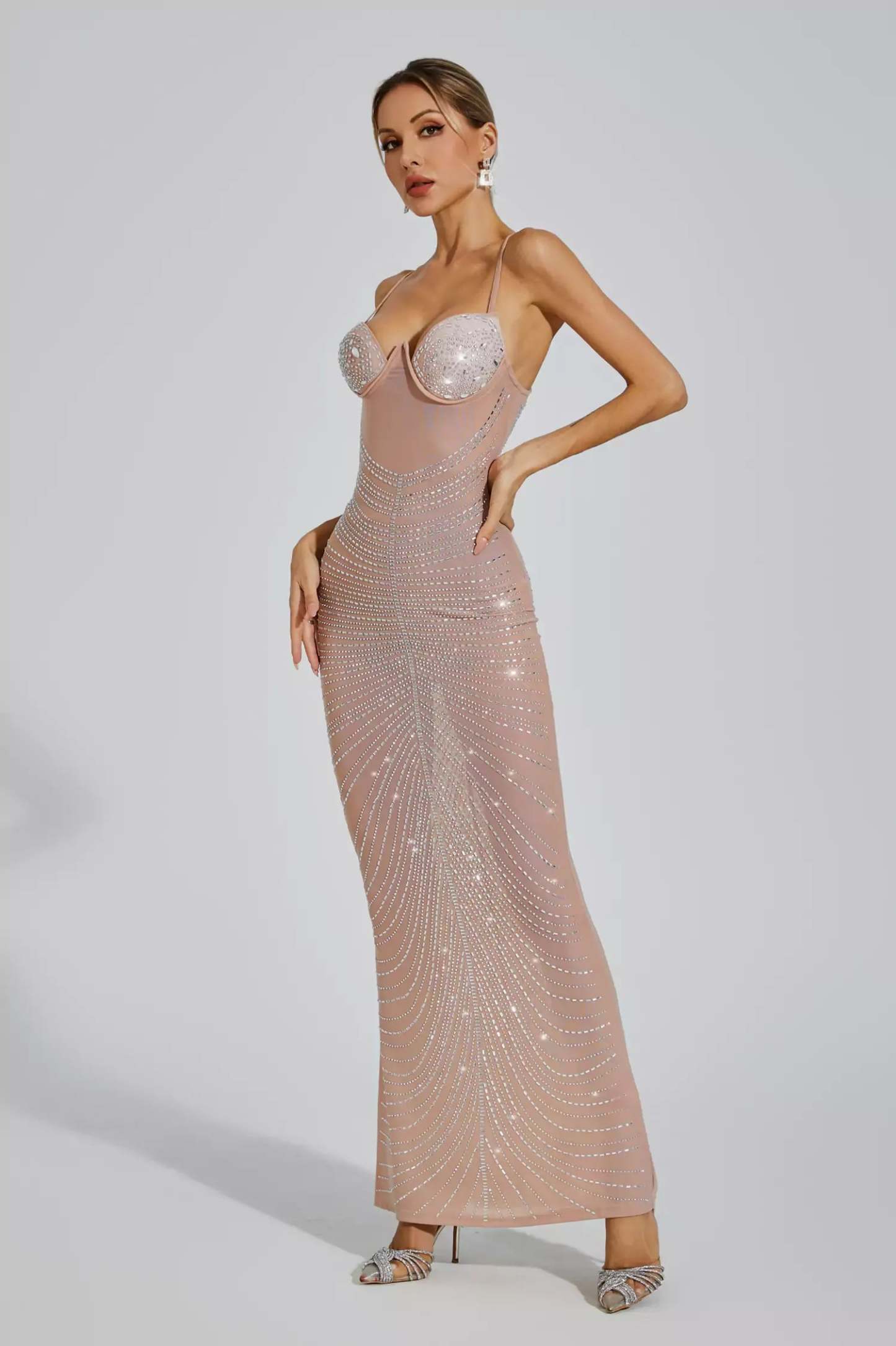 Apricot Strapless Suspender Ruched Embellished Sequins Summer Party Maxi Dress | Mix Mix Style