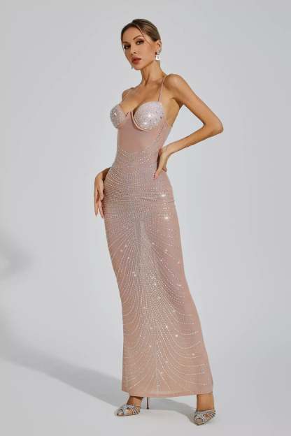 Apricot Strapless Suspender Ruched Embellished Sequins Summer Party Maxi Dress | Mix Mix Style