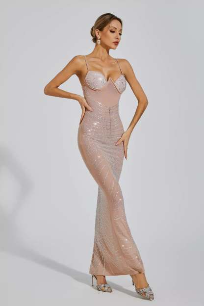 Apricot Strapless Suspender Ruched Embellished Sequins Summer Party Maxi Dress | Mix Mix Style