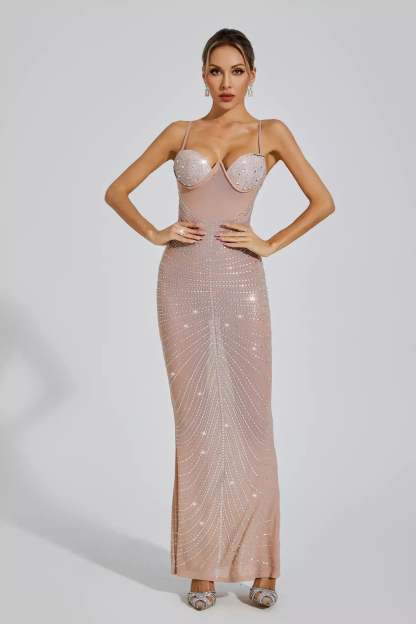 Apricot Strapless Suspender Ruched Embellished Sequins Summer Party Maxi Dress | Mix Mix Style