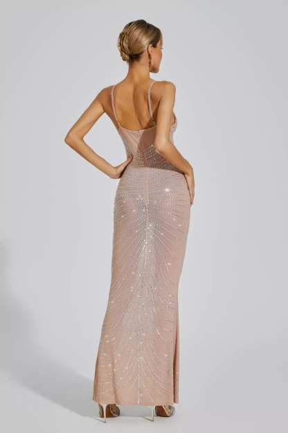 Apricot Strapless Suspender Ruched Embellished Sequins Summer Party Maxi Dress | Mix Mix Style