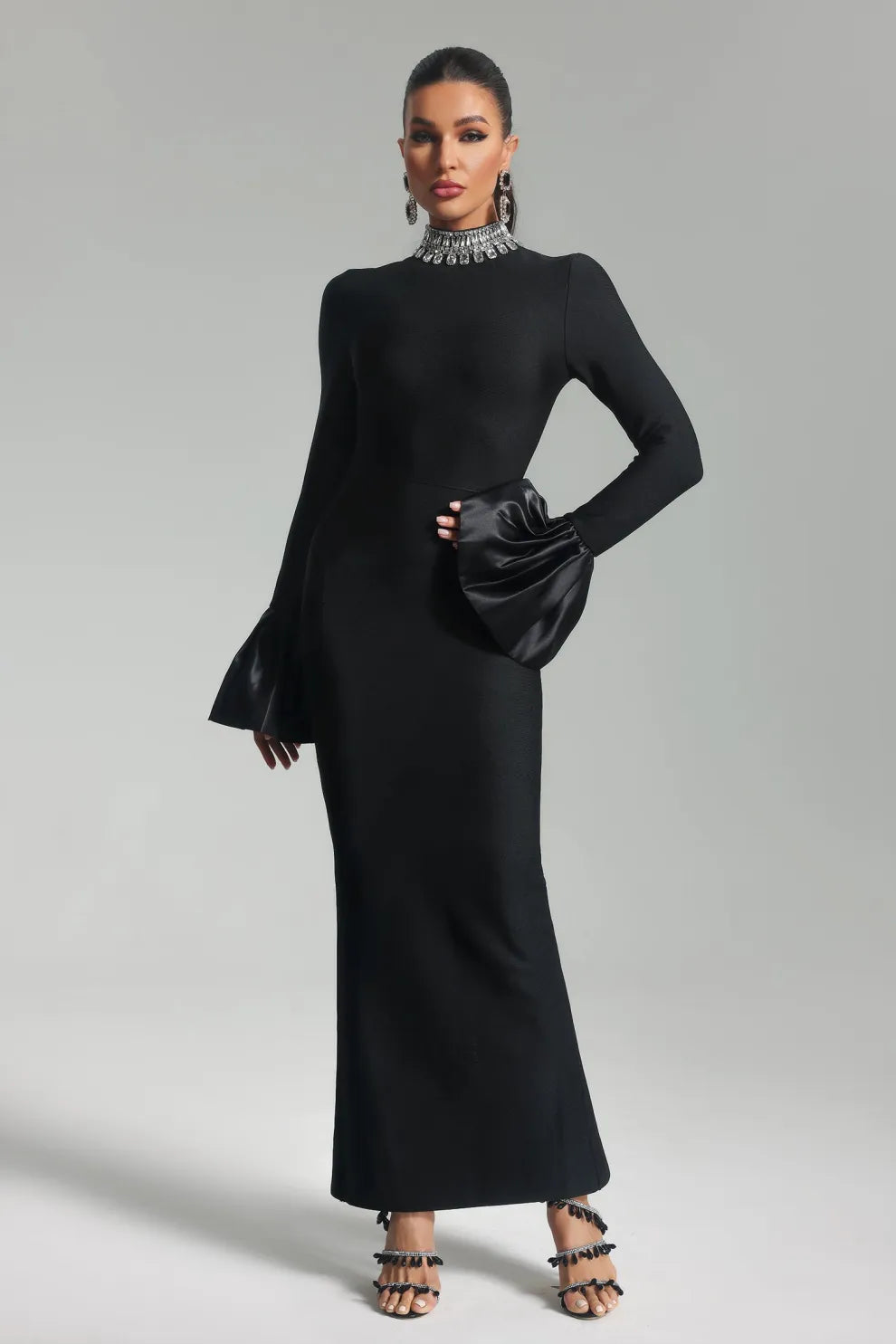 black high collar long sleeve Diamante Bandage evening party Maxi Dress | Mix Mix Style