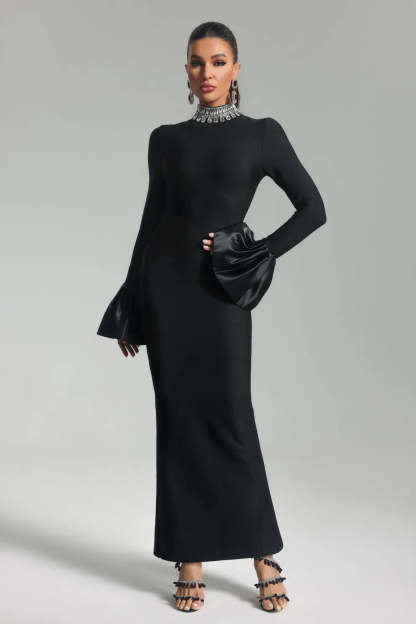 black high collar long sleeve Diamante Bandage evening party Maxi Dress | Mix Mix Style