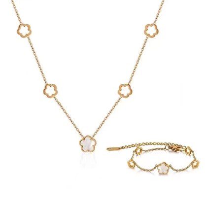 White Shell Flower Necklace & Bracelet 2 Pc Set - Natural Shell 18k Gold Plated | Mix Mix Style [Hot Seller]-Mix MIx Style