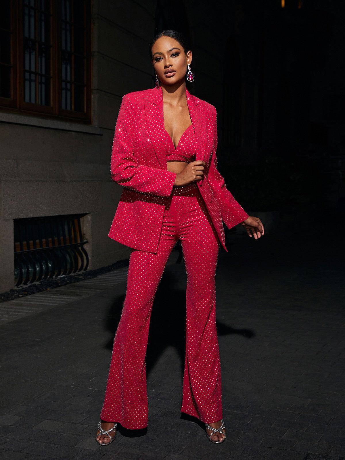 Hot Pink Embellished Blazer Three Piece Set | Mix Mix Style [Hot Seller]-Mix MIx Style