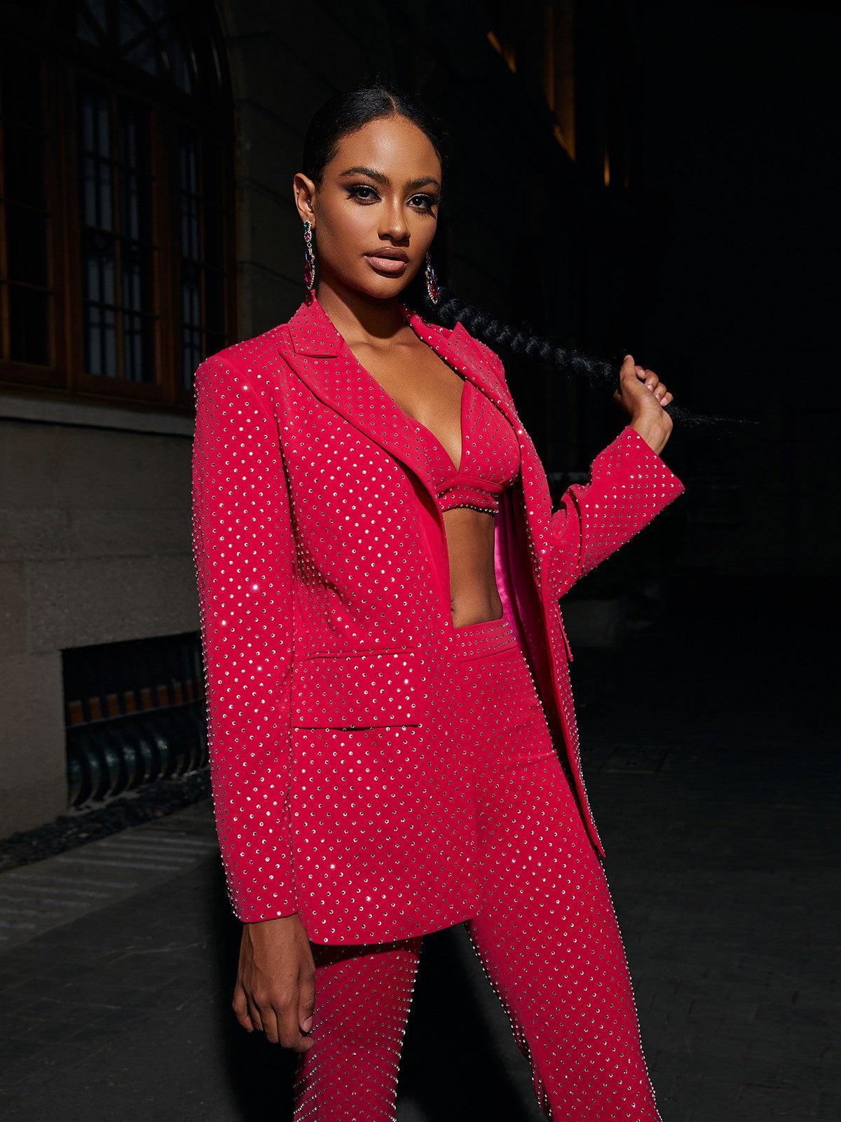 Hot Pink Embellished Blazer Three Piece Set | Mix Mix Style [Hot Seller]-Mix MIx Style