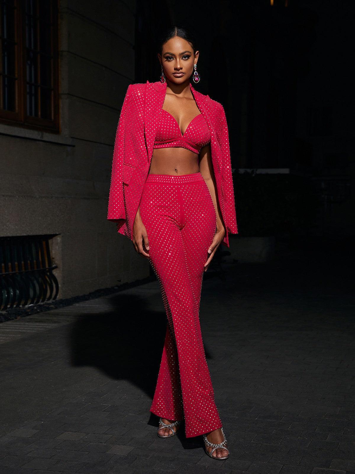 Hot Pink Embellished Blazer Three Piece Set | Mix Mix Style [Hot Seller]-Mix MIx Style