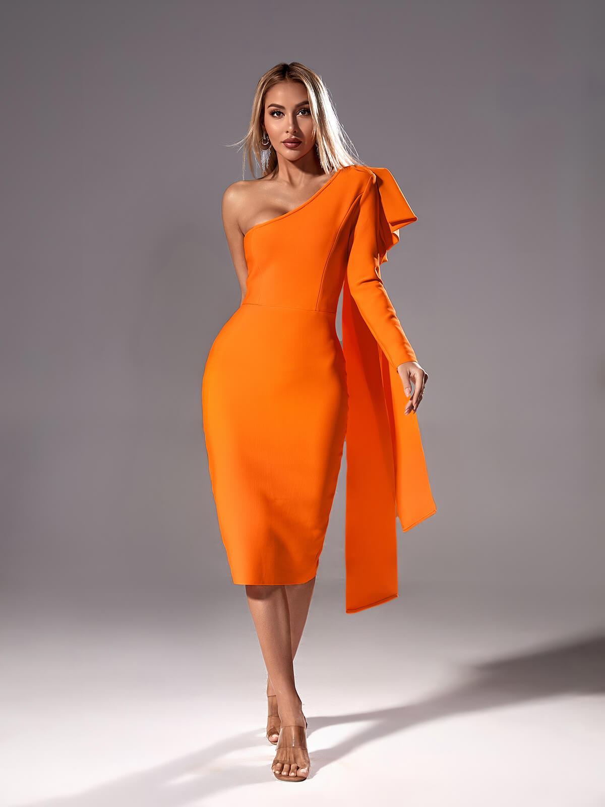 Willow One Shoulder Bandage Midi Dress In Orange-Mix MIx Style