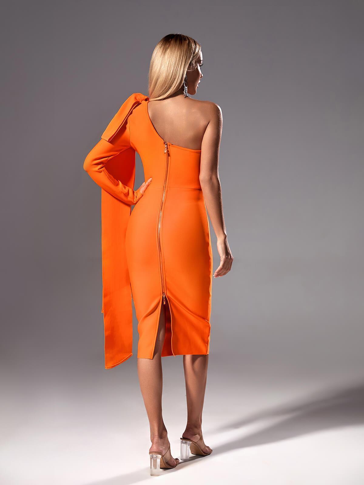 Willow One Shoulder Bandage Midi Dress In Orange-Mix MIx Style