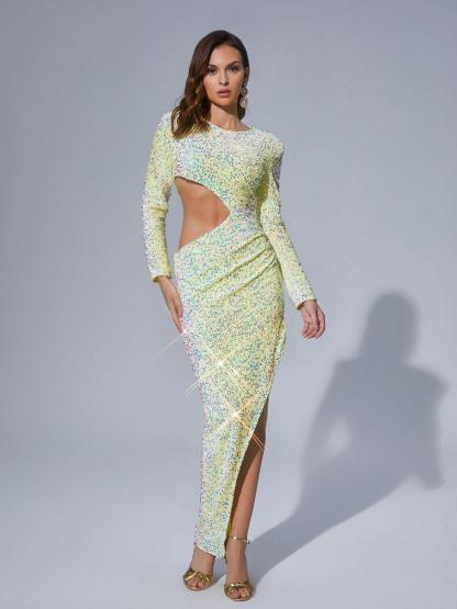 Green Long Sleeve Cutout Asymmetric Maxi Dress | Mix Mix Style [Hot Seller]-Mix MIx Style