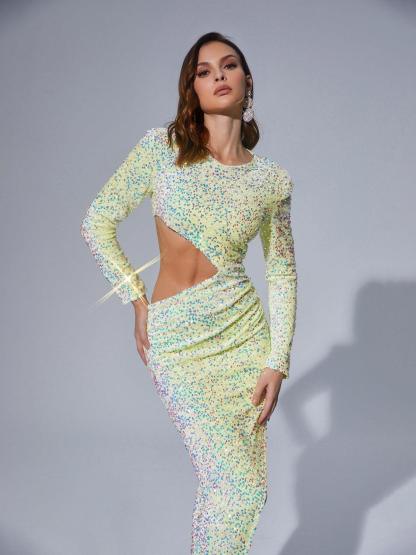Green Long Sleeve Cutout Asymmetric Maxi Dress | Mix Mix Style [Hot Seller]-Mix MIx Style