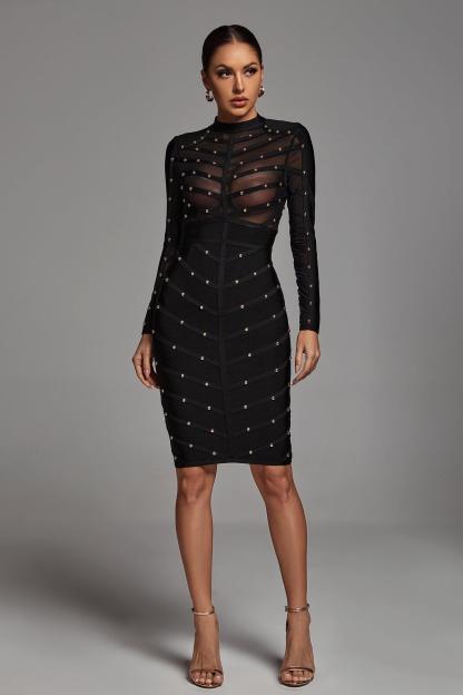Long Sleeve Mesh Bandage Dress - Black | Mix Mix Style [Hot Seller]-Mix MIx Style