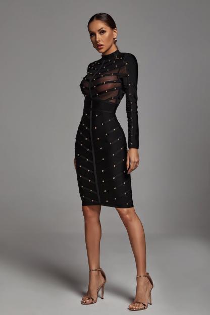 Long Sleeve Mesh Bandage Dress - Black | Mix Mix Style [Hot Seller]-Mix MIx Style