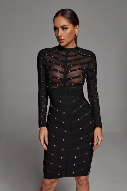 Long Sleeve Mesh Bandage Dress - Black | Mix Mix Style [Hot Seller]-Mix MIx Style