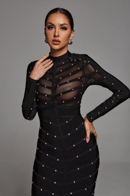 Long Sleeve Mesh Bandage Dress - Black | Mix Mix Style [Hot Seller]-Mix MIx Style