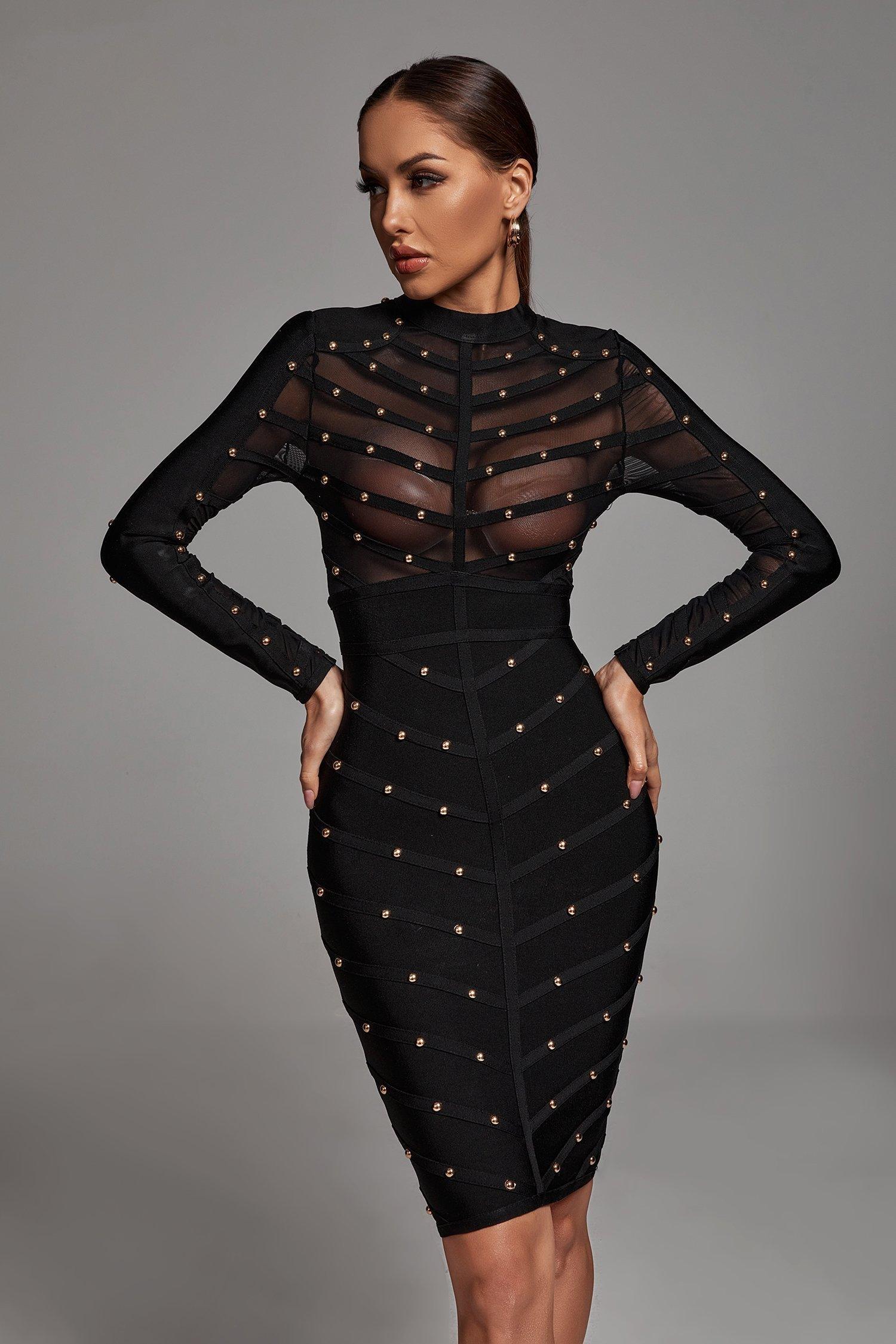 Long Sleeve Mesh Bandage Dress - Black | Mix Mix Style [Hot Seller]-Mix MIx Style