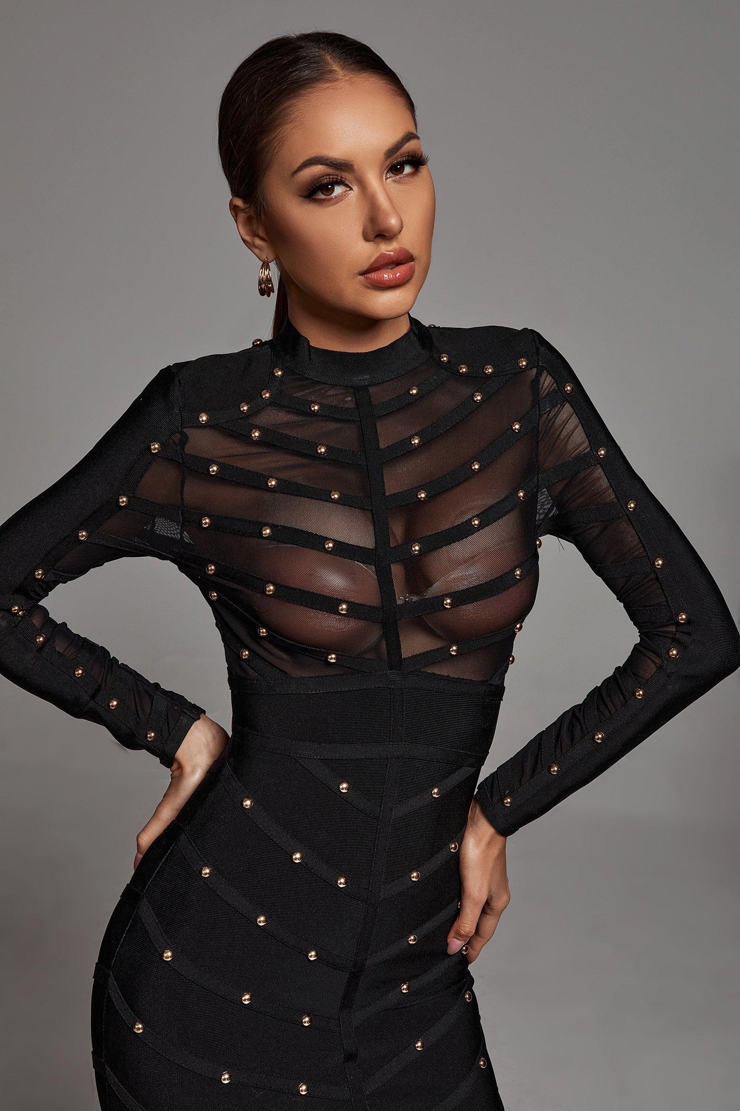 Long Sleeve Mesh Bandage Dress - Black | Mix Mix Style [Hot Seller]-Mix MIx Style