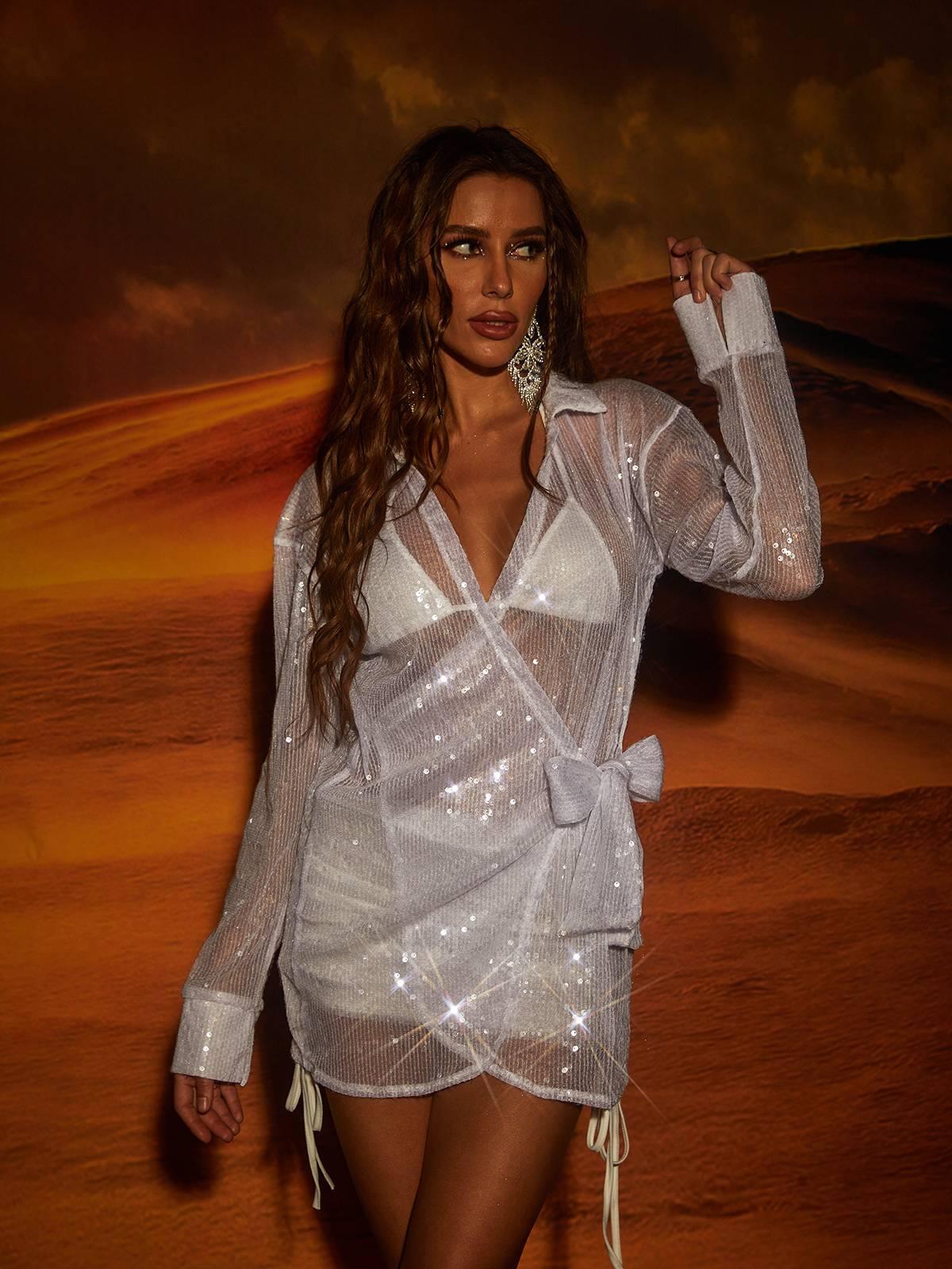 White Long Sleeve Sequin Mesh Mini Dress | Mix Mix Style [Hot Seller]-Mix MIx Style