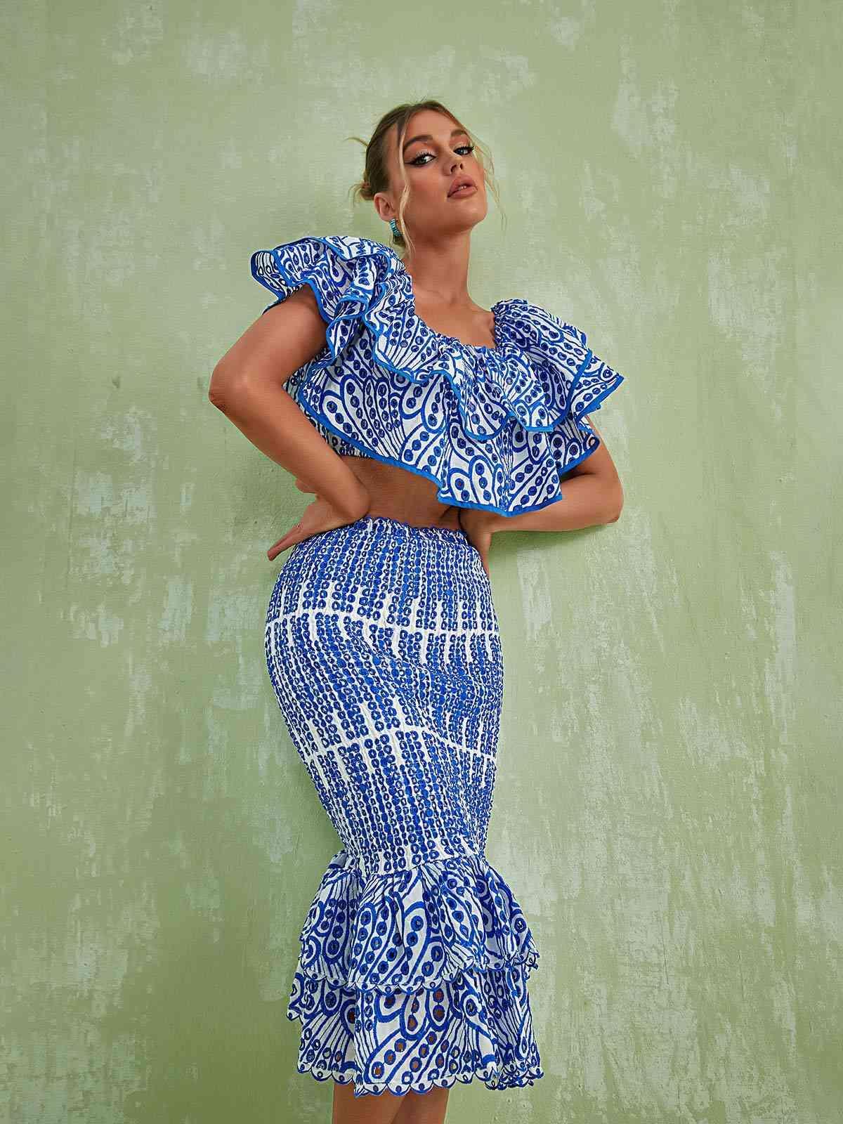 Wisteria Ruffle Off Shoulder Hollow Set In Blue-Mix MIx Style