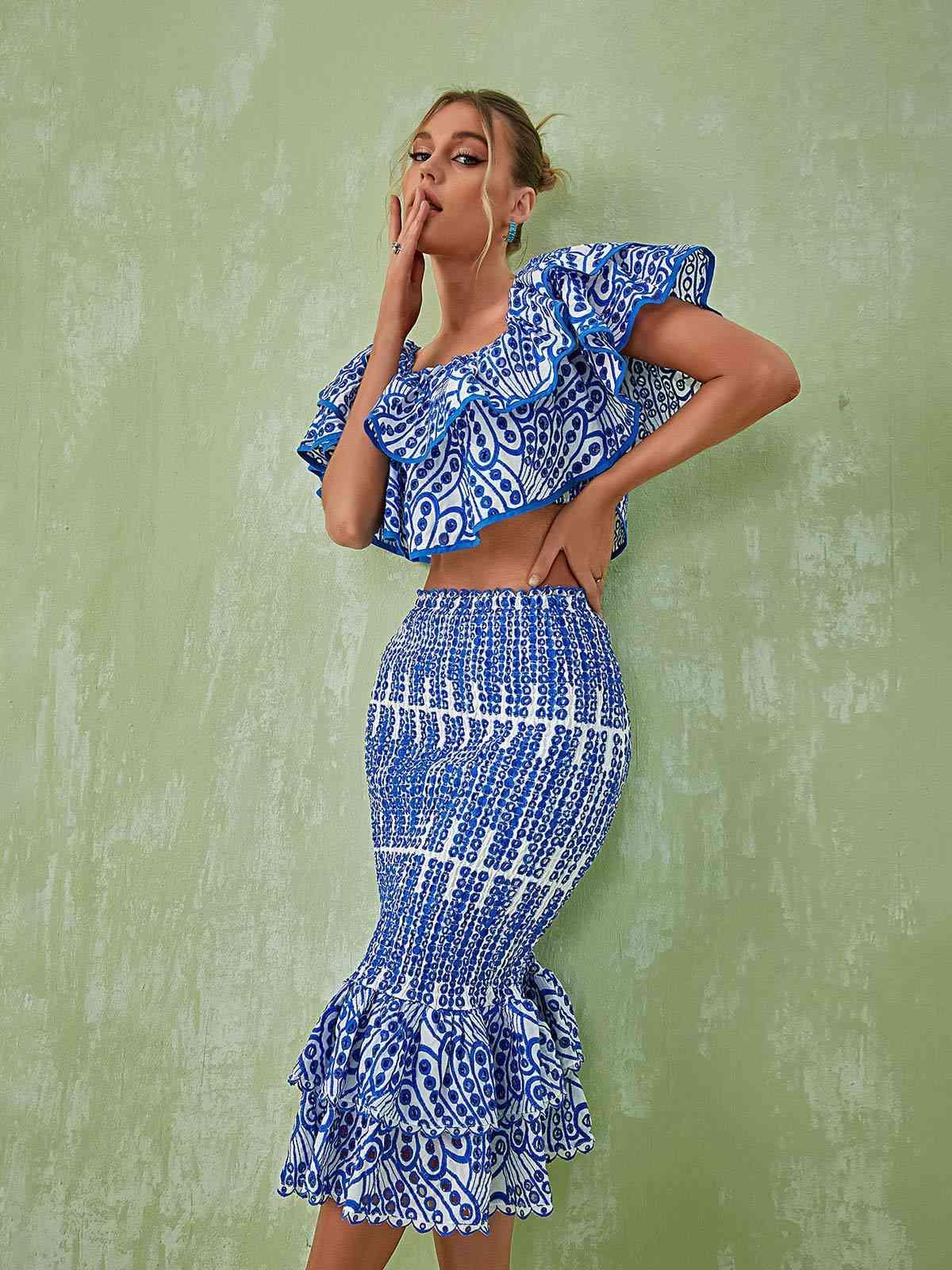 Wisteria Ruffle Off Shoulder Hollow Set In Blue-Mix MIx Style