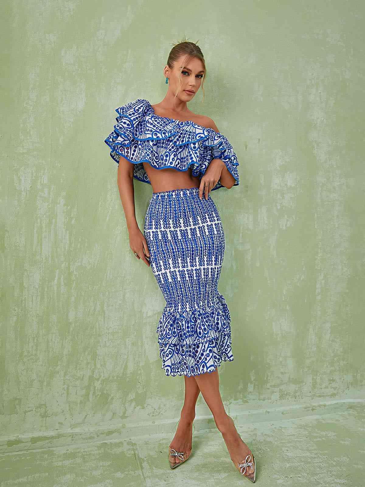 Wisteria Ruffle Off Shoulder Hollow Set In Blue-Mix MIx Style