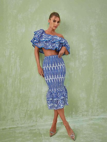 Wisteria Ruffle Off Shoulder Hollow Set In Blue-Mix MIx Style