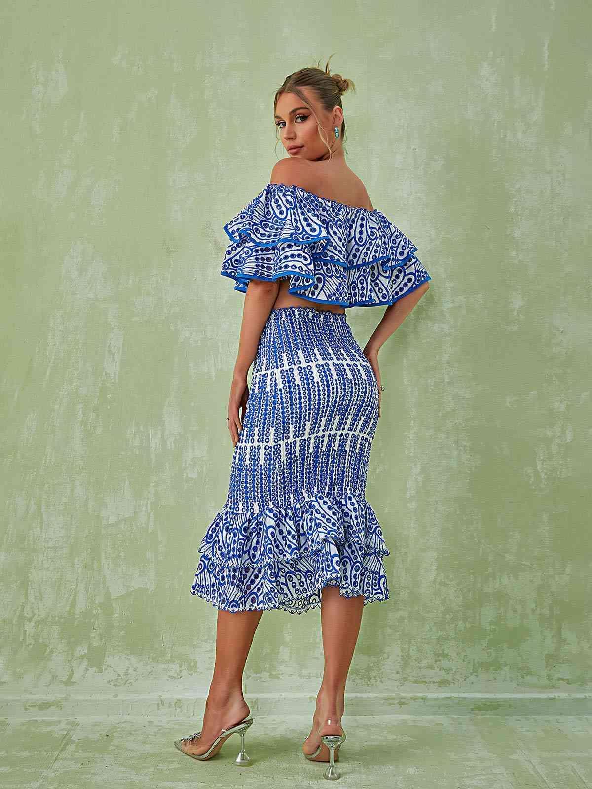 Wisteria Ruffle Off Shoulder Hollow Set In Blue-Mix MIx Style