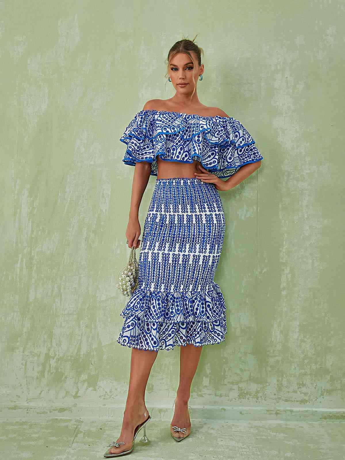 Wisteria Ruffle Off Shoulder Hollow Set In Blue-Mix MIx Style