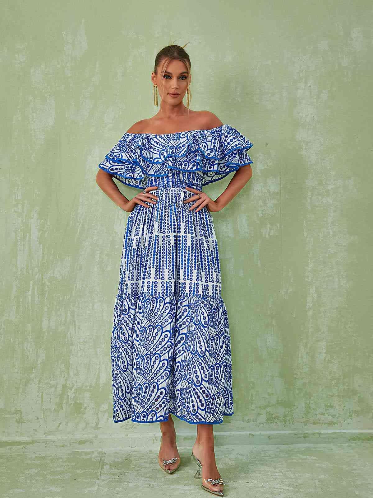 Soleil Off Shoulder Hollow Maxi Dress In Blue-Mix MIx Style