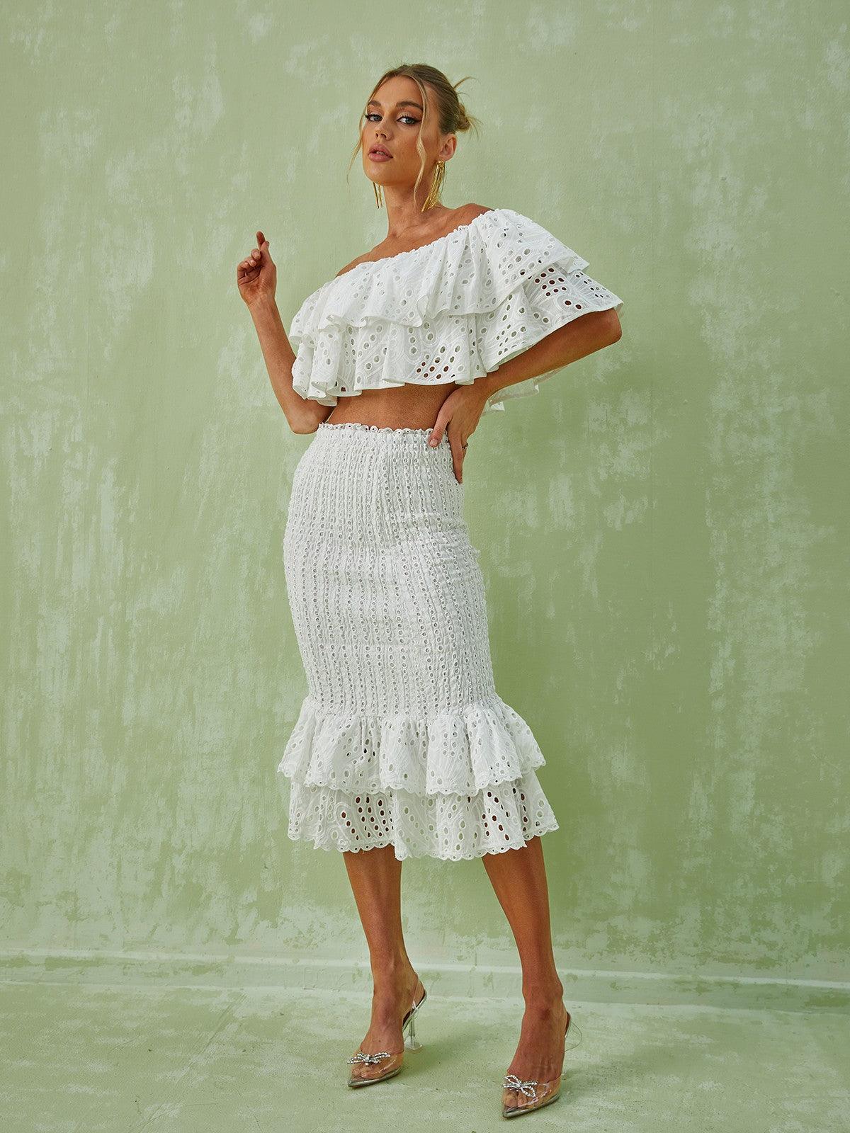 Wisteria Ruffle Off Shoulder Hollow Set In White-Mix MIx Style