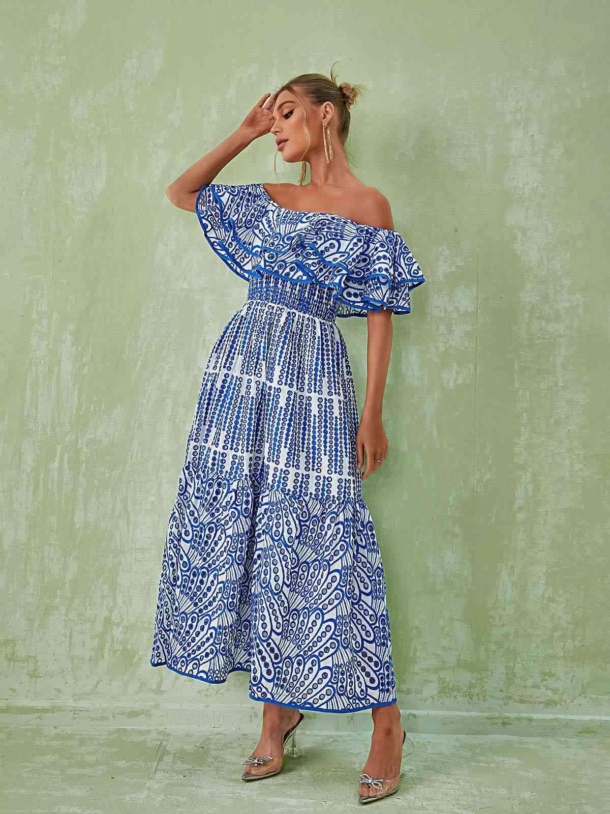 Soleil Off Shoulder Hollow Maxi Dress In Blue-Mix MIx Style