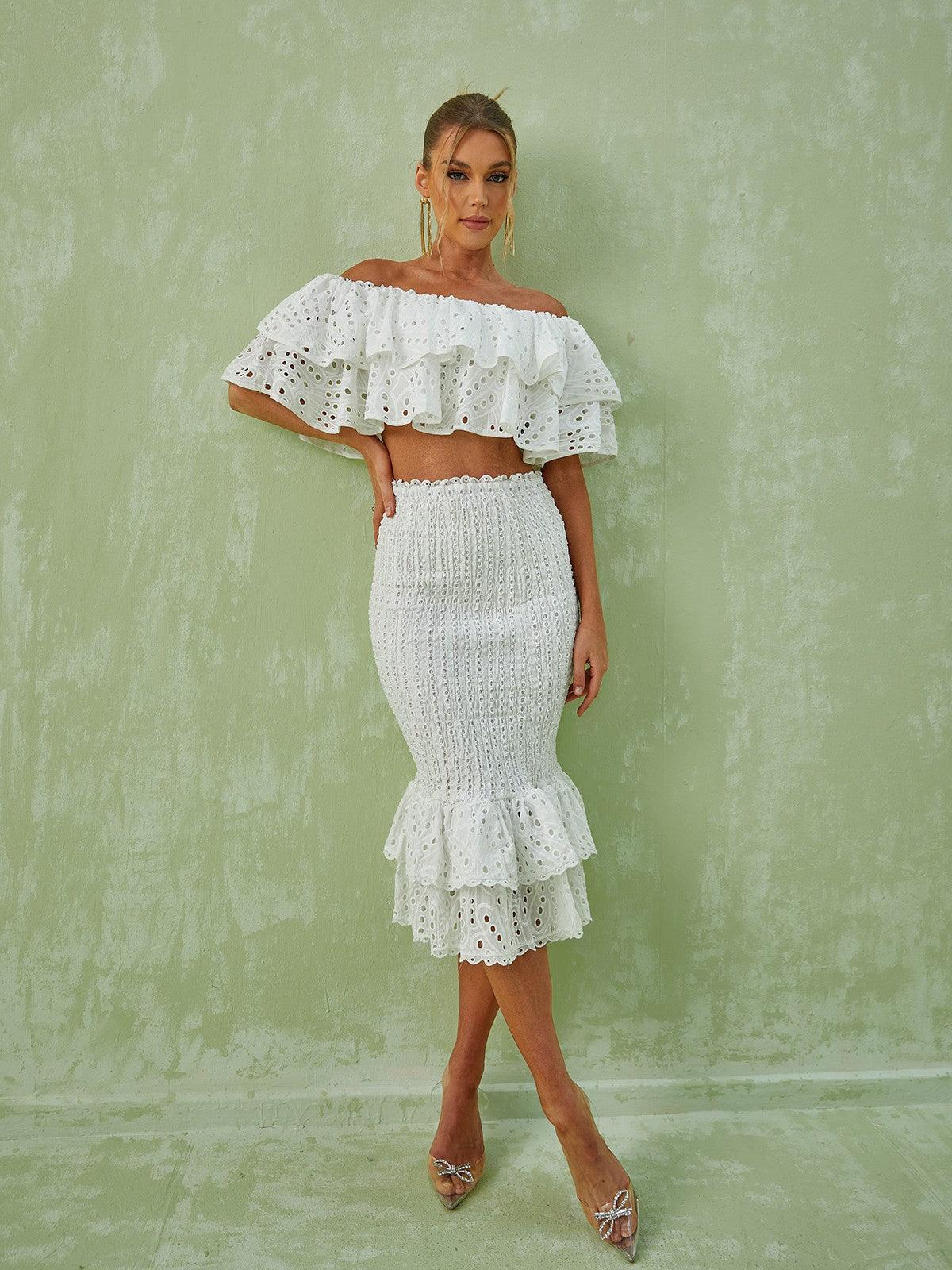 Wisteria Ruffle Off Shoulder Hollow Set In White-Mix MIx Style