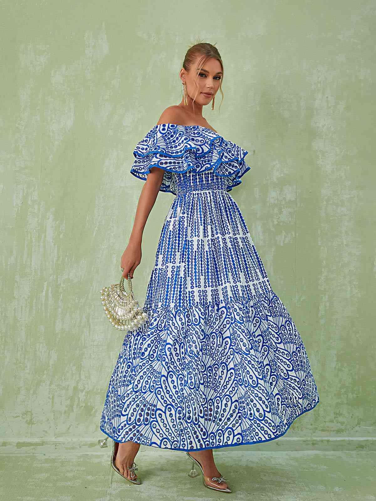Soleil Off Shoulder Hollow Maxi Dress In Blue-Mix MIx Style
