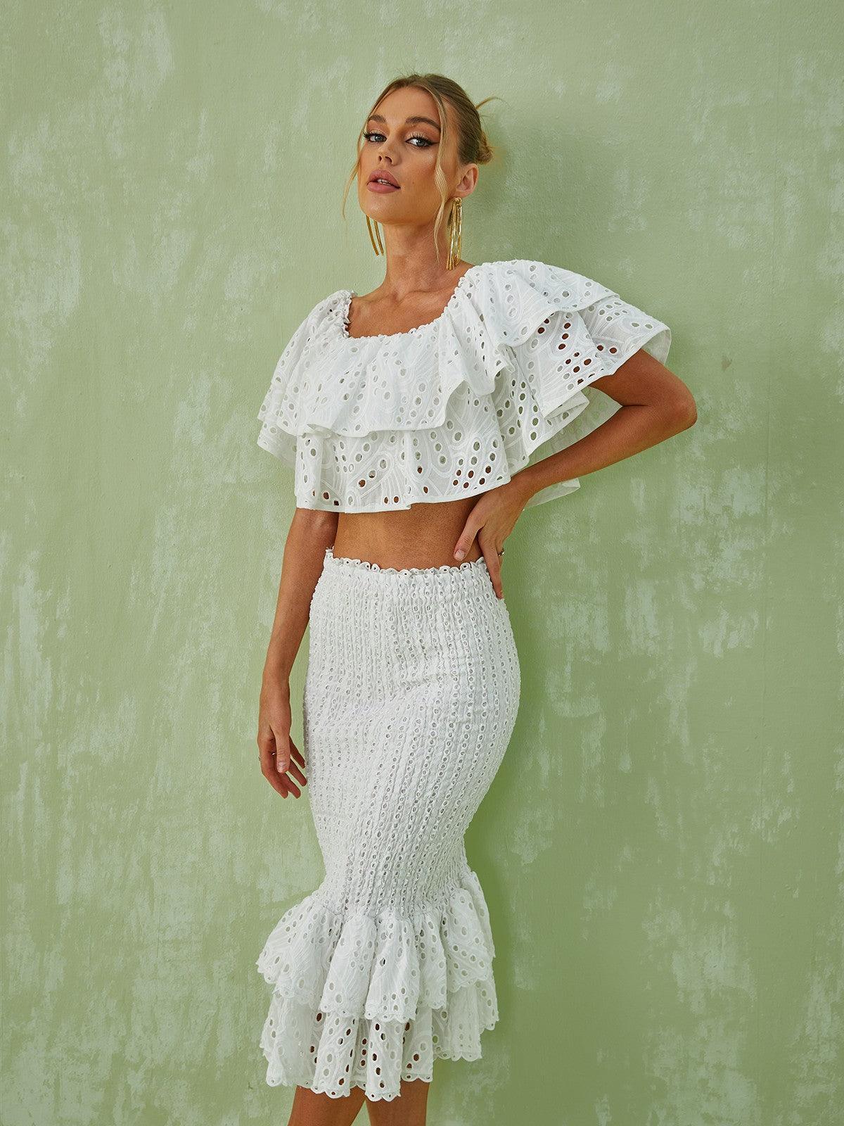 Wisteria Ruffle Off Shoulder Hollow Set In White-Mix MIx Style