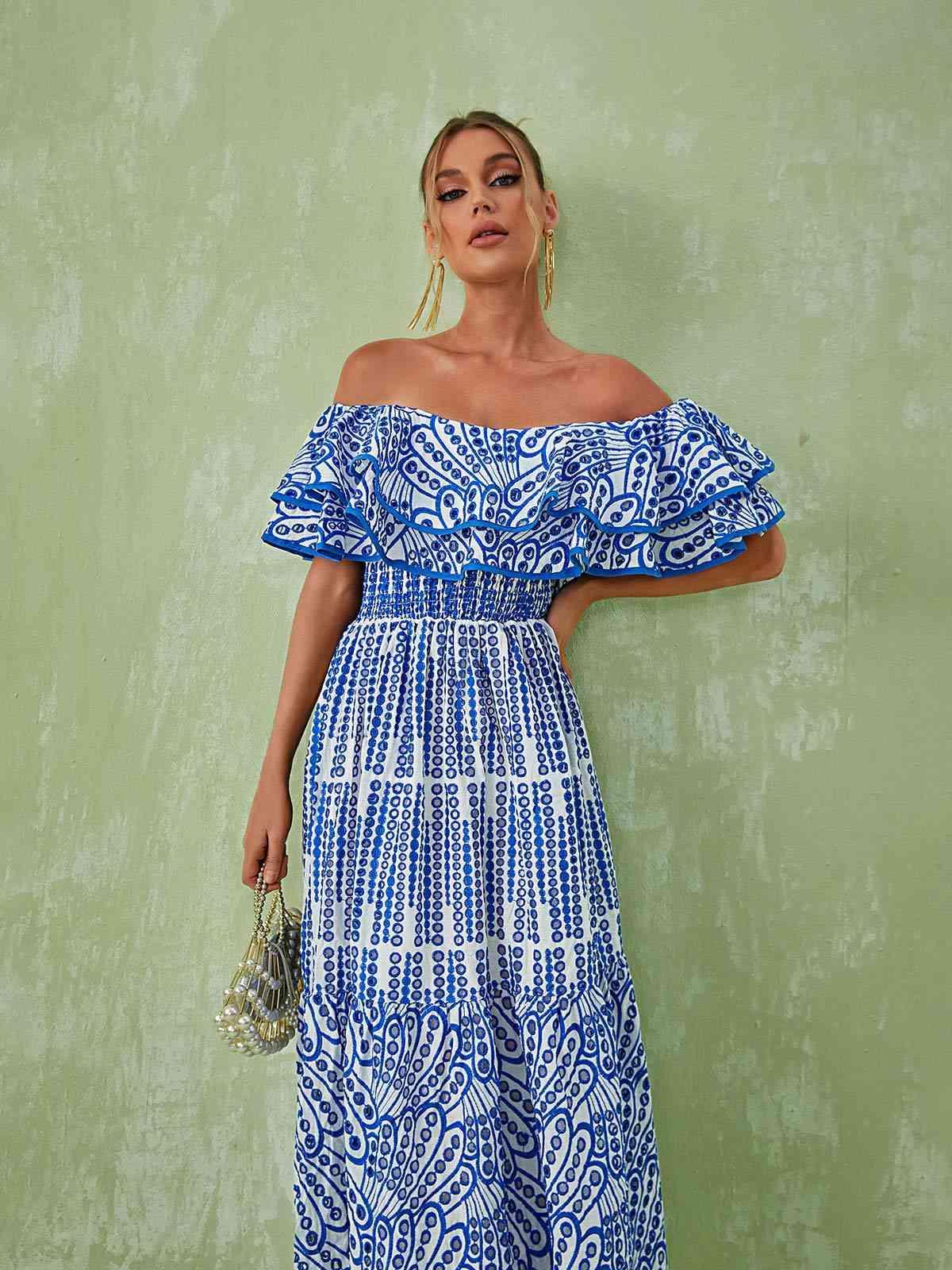 Soleil Off Shoulder Hollow Maxi Dress In Blue-Mix MIx Style