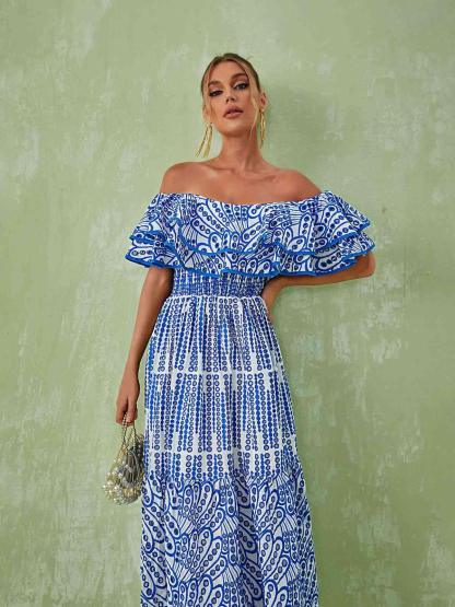 Soleil Off Shoulder Hollow Maxi Dress In Blue-Mix MIx Style