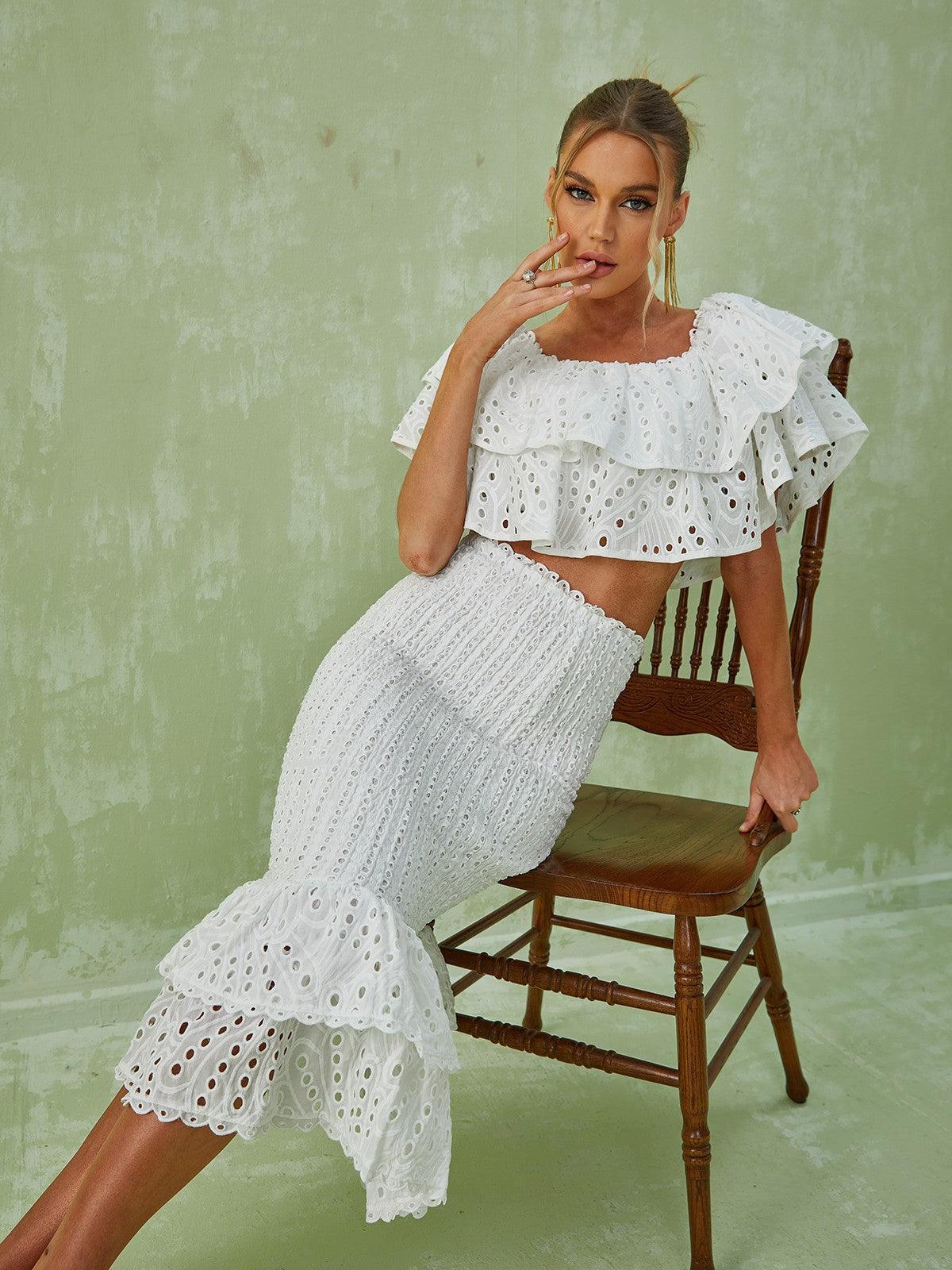 Wisteria Ruffle Off Shoulder Hollow Set In White-Mix MIx Style