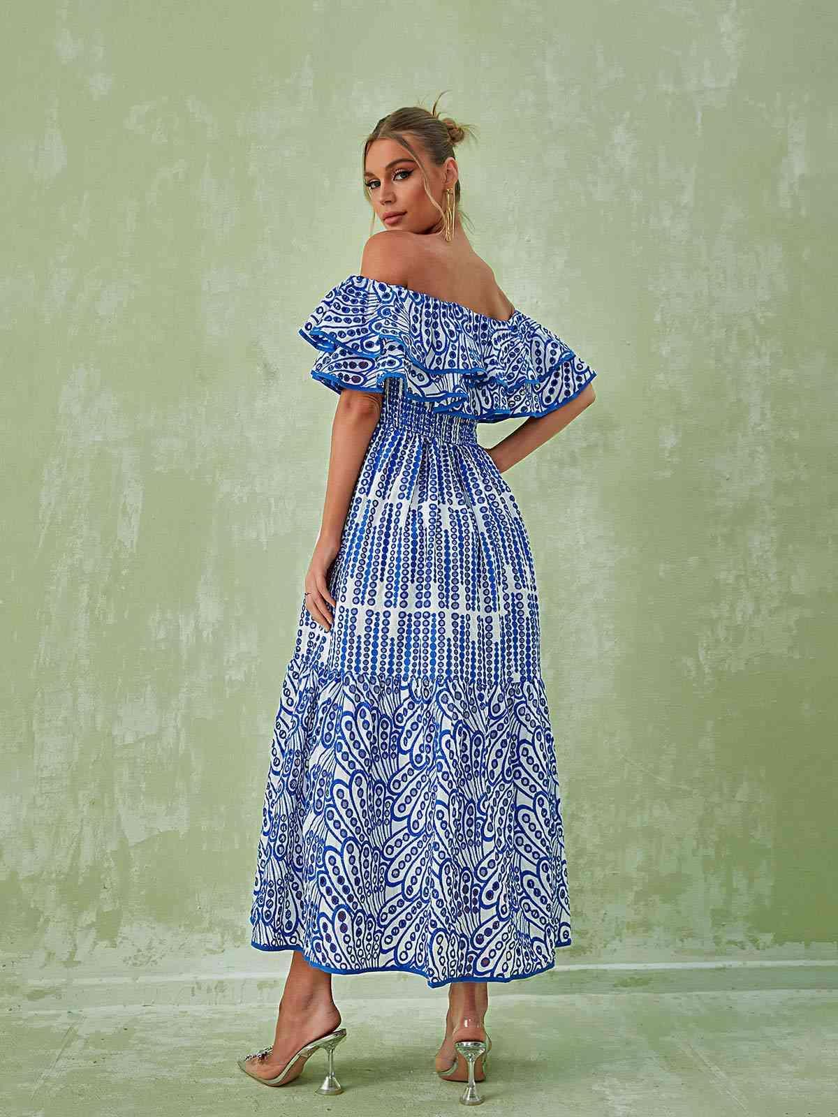 Soleil Off Shoulder Hollow Maxi Dress In Blue-Mix MIx Style