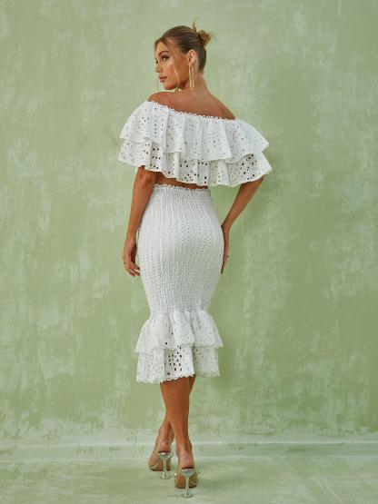Wisteria Ruffle Off Shoulder Hollow Set In White-Mix MIx Style