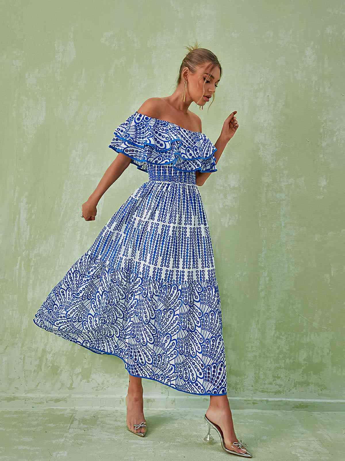 Soleil Off Shoulder Hollow Maxi Dress In Blue-Mix MIx Style