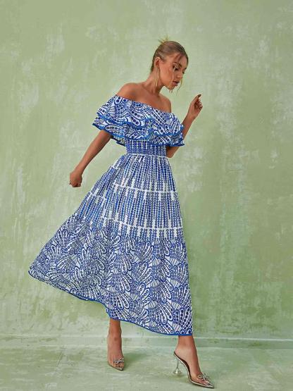 Soleil Off Shoulder Hollow Maxi Dress In Blue-Mix MIx Style