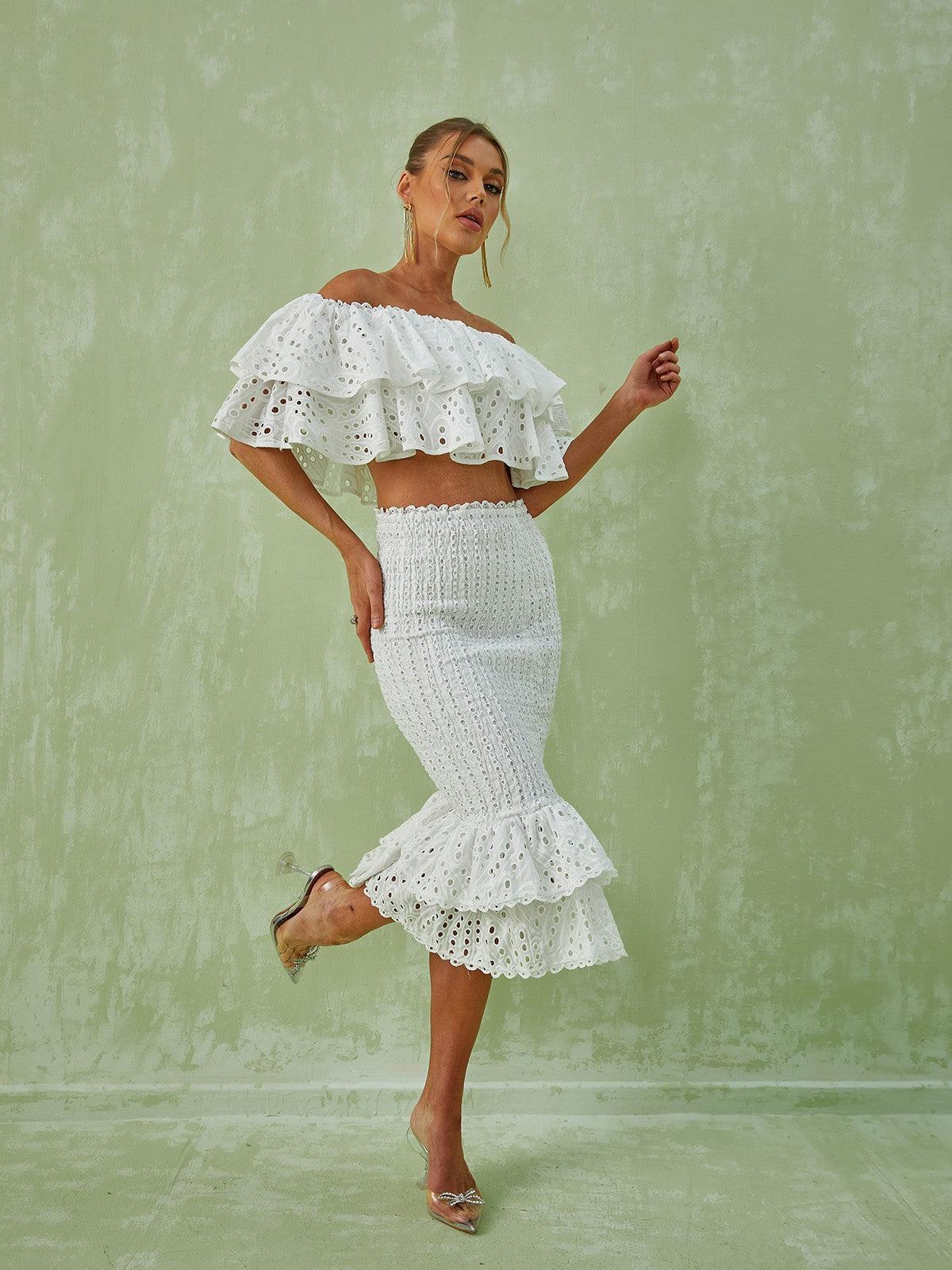 Wisteria Ruffle Off Shoulder Hollow Set In White-Mix MIx Style