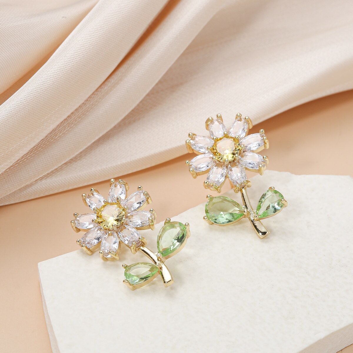 Women's Daisy Stud Earrings with Green Leaf and Yellow Flower - 18k Gold Plated & Moissanite Diamond | Mix Mix Style [Hot Seller]-Mix MIx Style