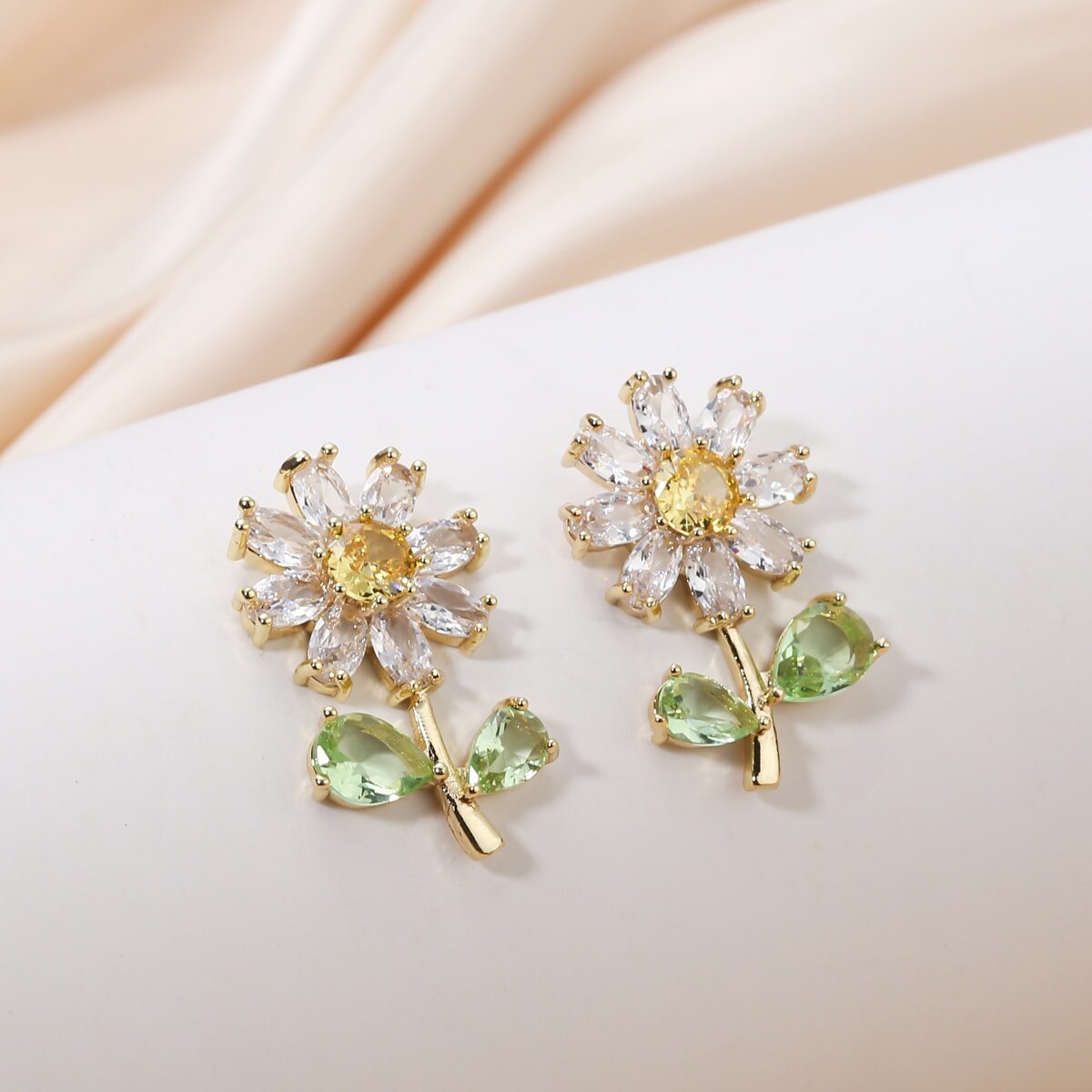 Women's Daisy Stud Earrings with Green Leaf and Yellow Flower - 18k Gold Plated & Moissanite Diamond | Mix Mix Style [Hot Seller]-Mix MIx Style