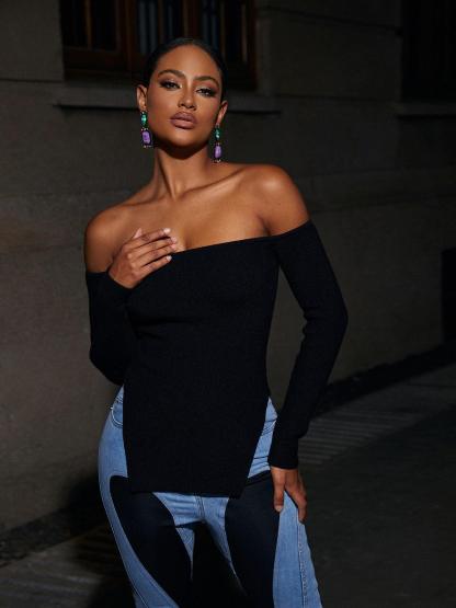 Wynn Off Shoulder Knit Top In Black-Mix MIx Style