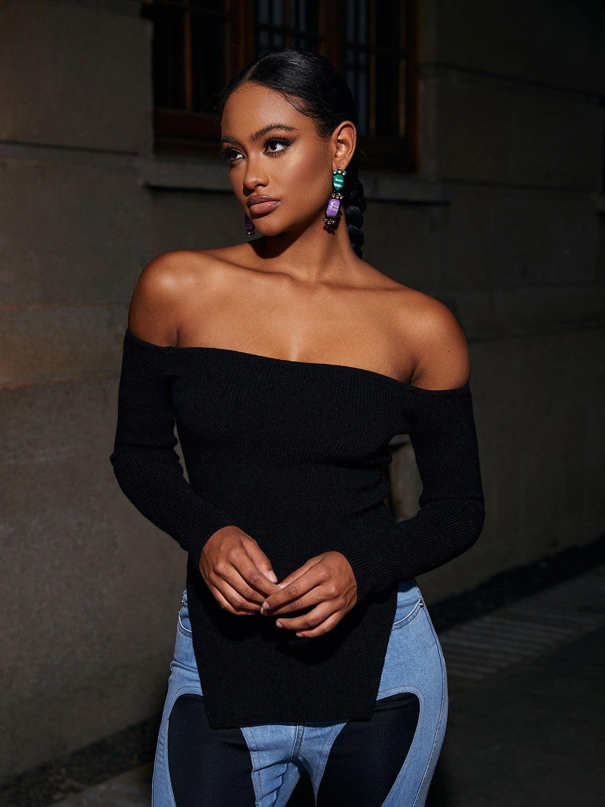 Wynn Off Shoulder Knit Top In Black-Mix MIx Style
