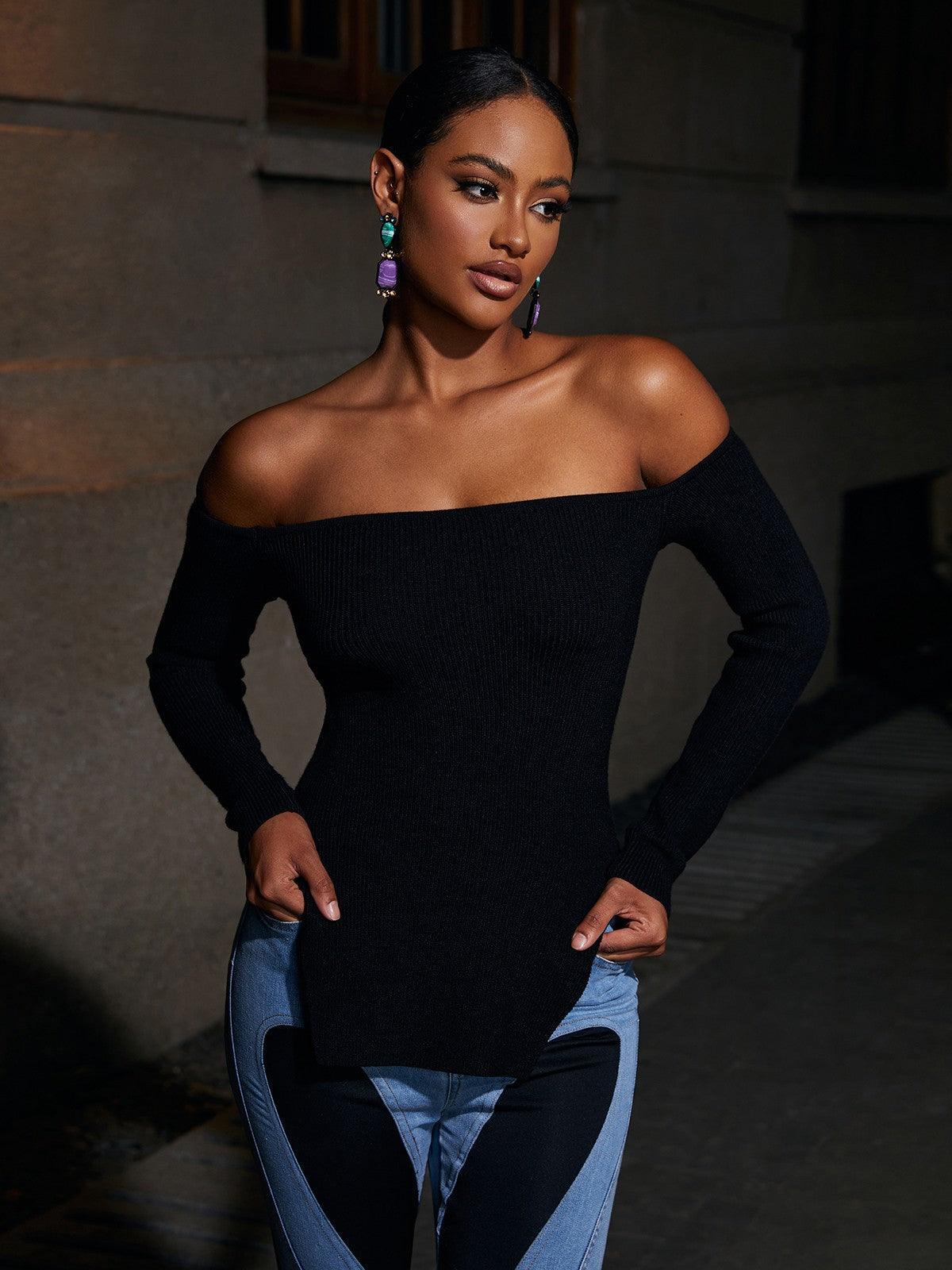 Wynn Off Shoulder Knit Top In Black-Mix MIx Style