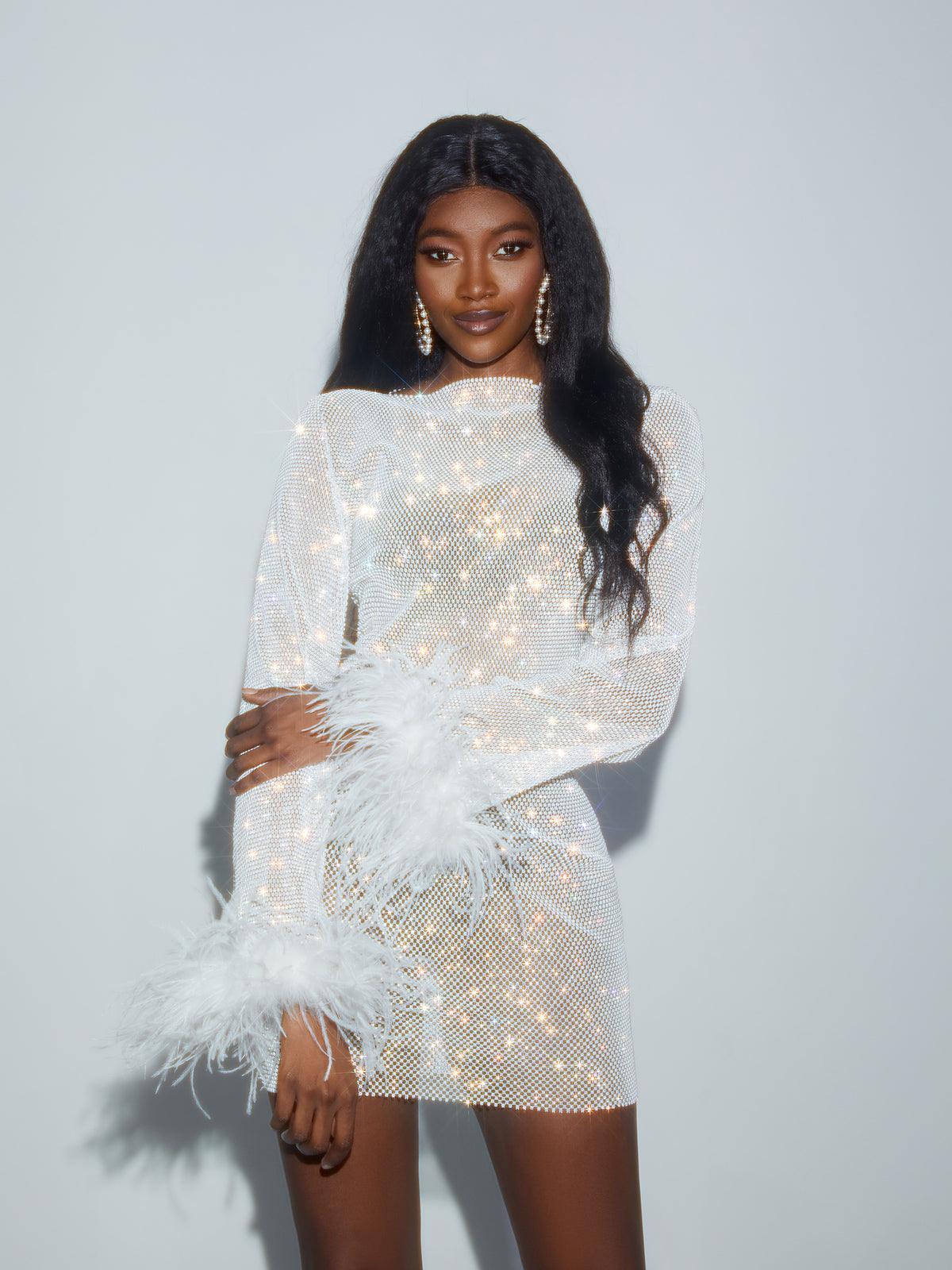 Xanthe Rhinestone Mesh Mini Dress In White-Mix MIx Style